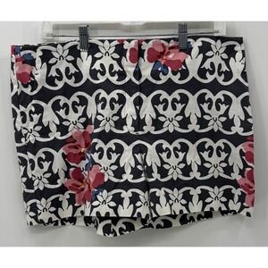 Ann Taylor Loft Womens Floral Damask Shorts Navy Blue Pink White Size 12 Stretch